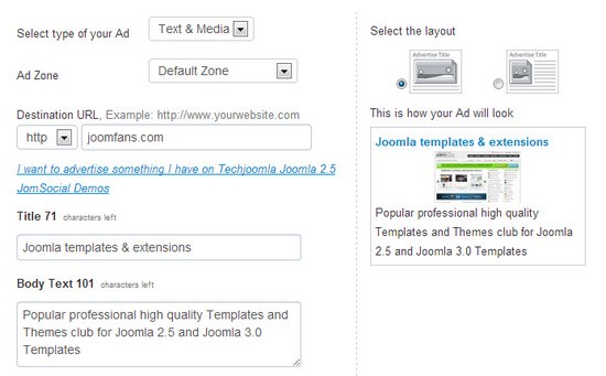 SocialAds для Joomla - покупка рекламного места на сайте