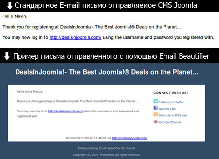 Email Beautifier - внешний вид сообщений, ДО и ПОСЛЕ использования компонента