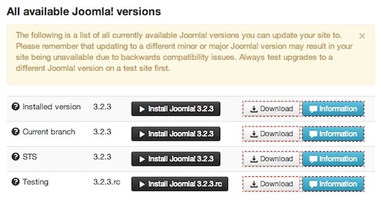 Доступные версии Joomla - Akeeba CMS Update